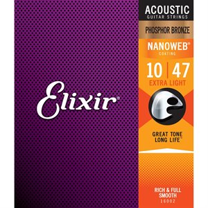 ELIXIR - 16002 - Cordes de guitare acoustique Nanoweb Phosphor Bronze Extra Light 10-47