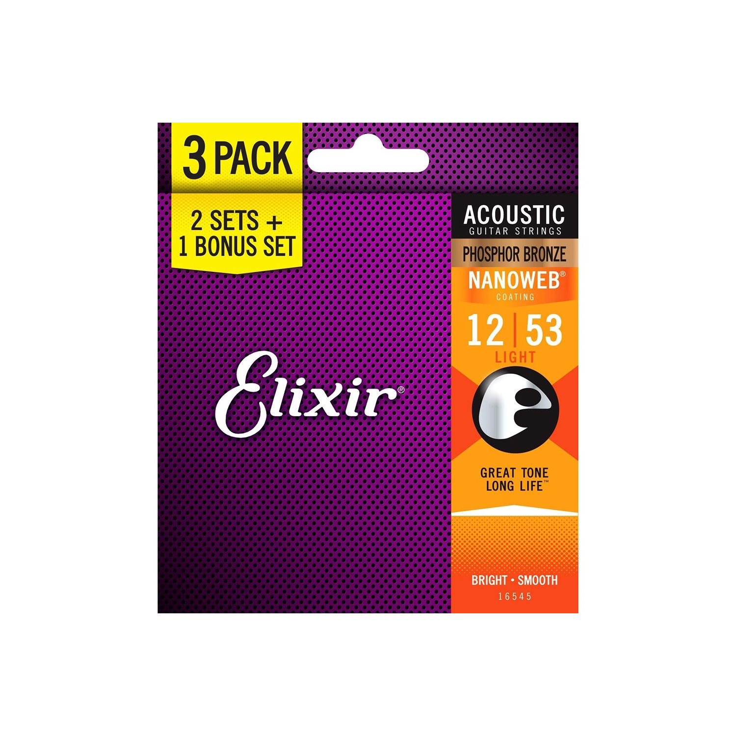 ELIXIR - 16545 - ACOUSTIC PHOSPHOR BRONZE WITH NANOWEB COATING - 3 pack - 12-53