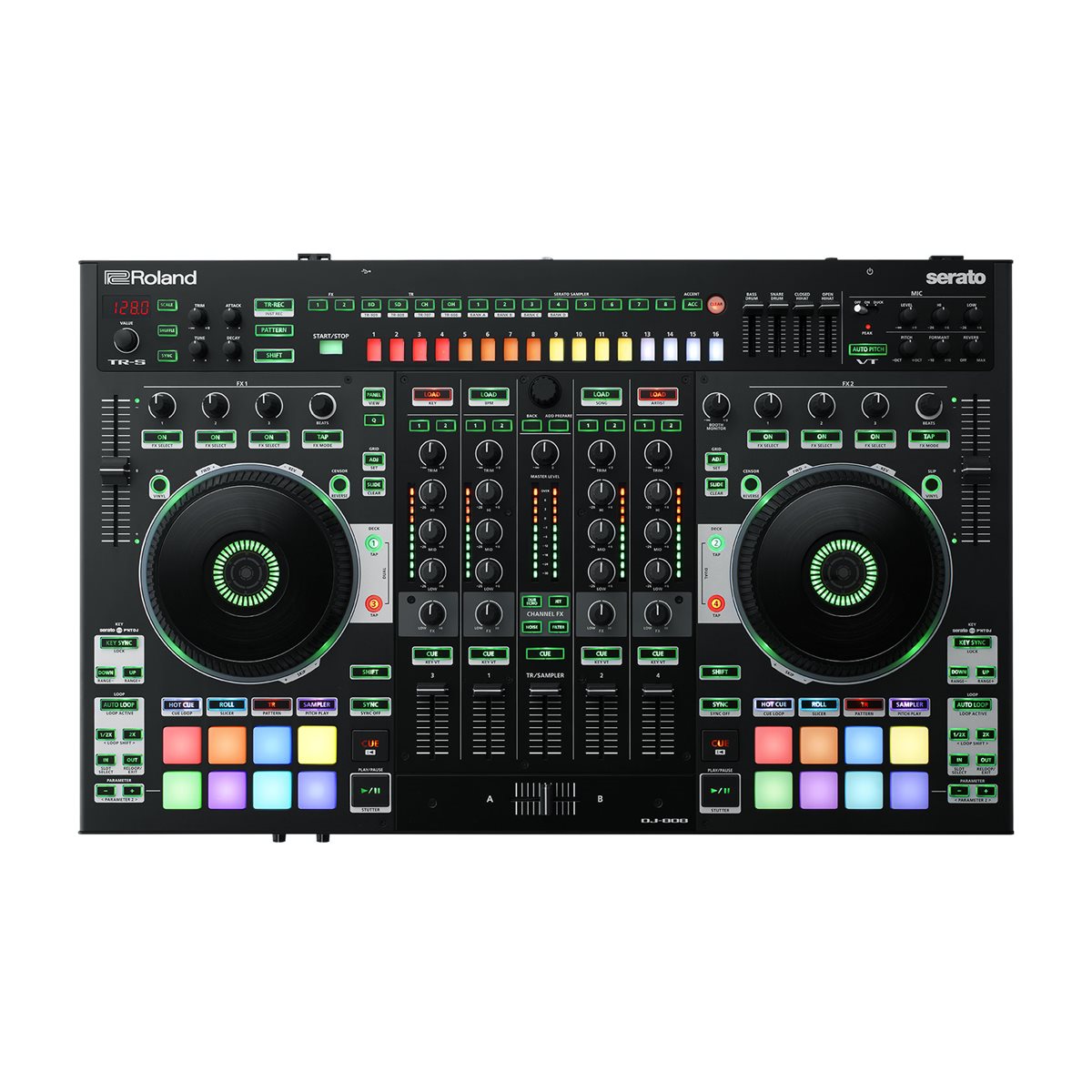 ROLAND - DJ-808 - Contrôleur Serato DJ Pro 4 platines avec boîte à rythmes et transformateur vocal