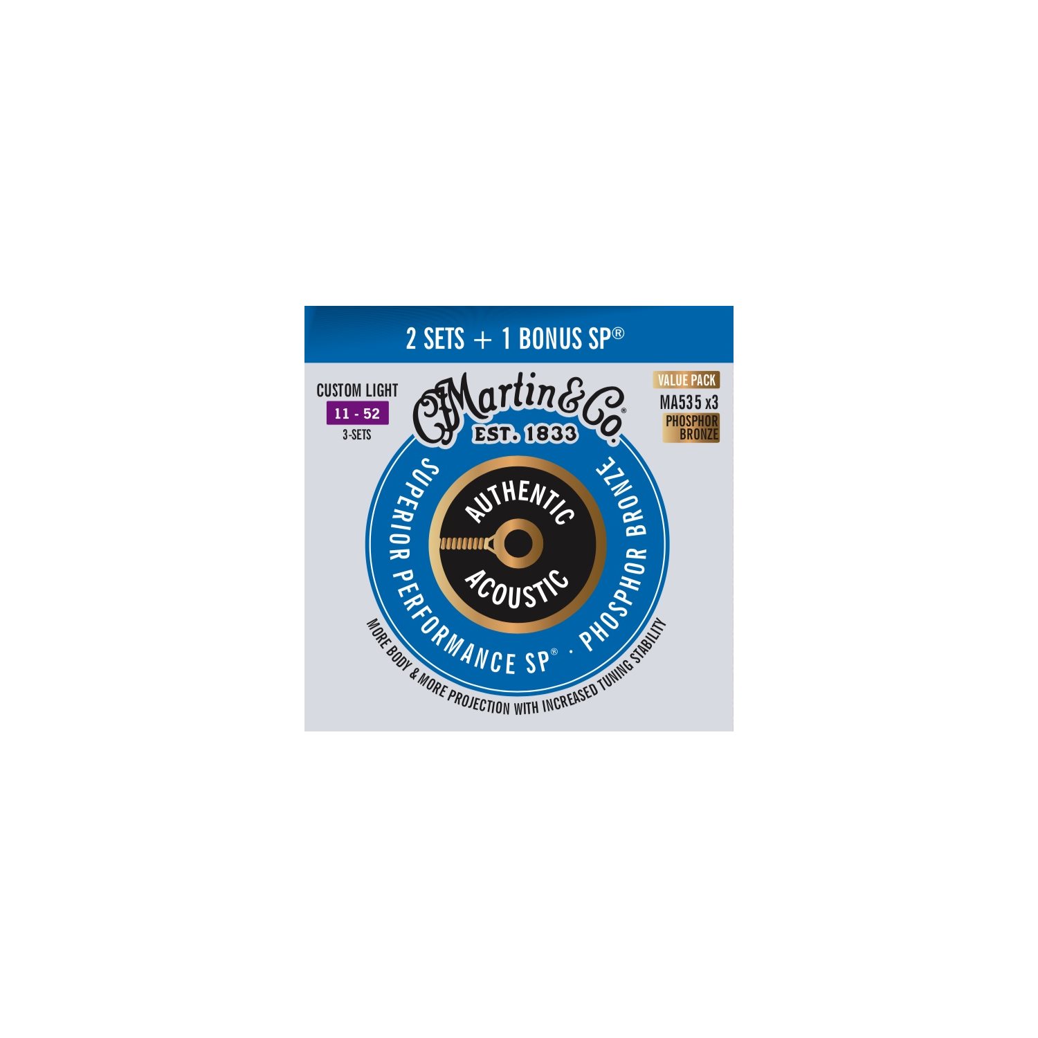 MARTIN - MA535PK3 - Authentic SP Acoustic Guitar Strings - Phosphor Bronze - 11-52 - 3 Pack